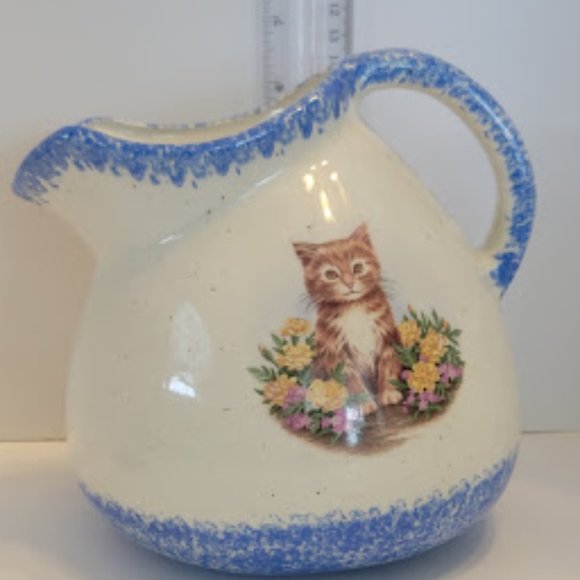 Double Sided Pitcher with Cat Sponged Blue Around Top & Bottom - Picture 3 of 5